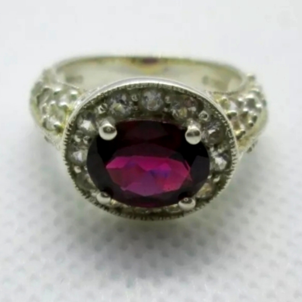 Designer Signed  Rhodolite Garnet And White Topaz Halo Ring